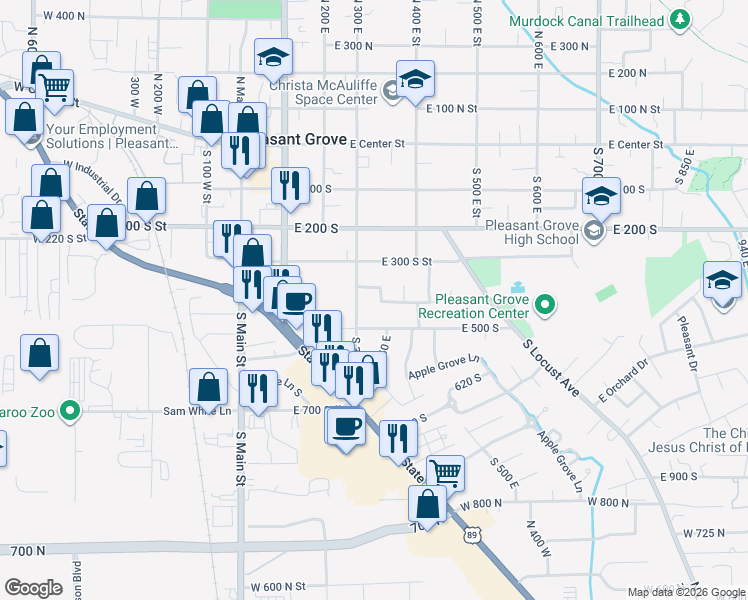 map of restaurants, bars, coffee shops, grocery stores, and more near 412 South 350 East in Pleasant Grove