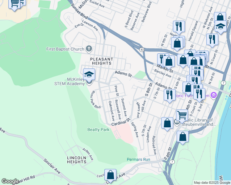 map of restaurants, bars, coffee shops, grocery stores, and more near 703 Pine Street in Steubenville