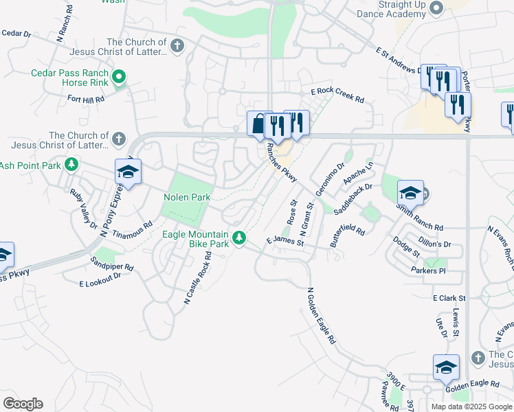 map of restaurants, bars, coffee shops, grocery stores, and more near 3462 East Windhover Circle in Eagle Mountain