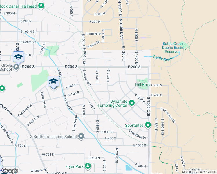 map of restaurants, bars, coffee shops, grocery stores, and more near 1200 East 400 South in Pleasant Grove