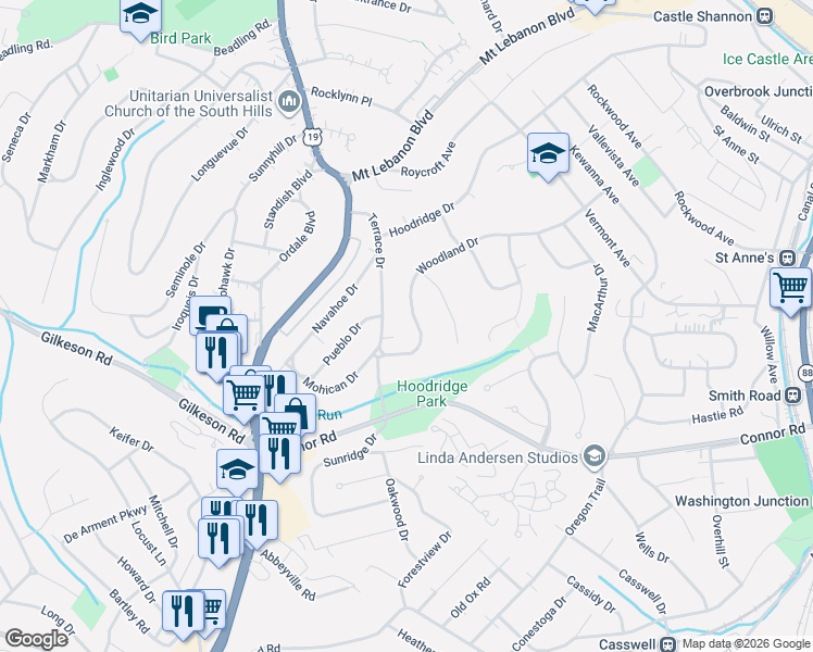 map of restaurants, bars, coffee shops, grocery stores, and more near 19 Woodland Drive in Pittsburgh