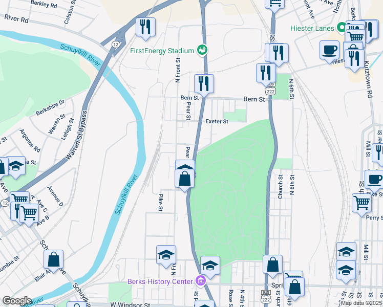 map of restaurants, bars, coffee shops, grocery stores, and more near 1601 Centre Avenue in Reading