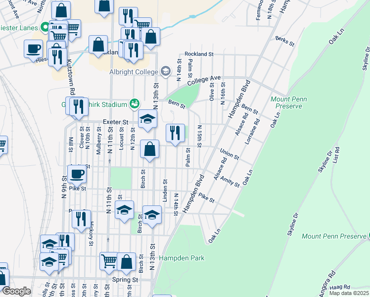 map of restaurants, bars, coffee shops, grocery stores, and more near 1416 Union Street in Reading