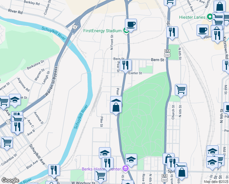 map of restaurants, bars, coffee shops, grocery stores, and more near 1515 North Front Street in Reading