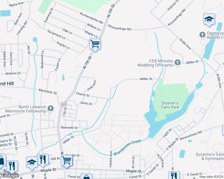 map of restaurants, bars, coffee shops, grocery stores, and more near 918 Miller Street in Lebanon