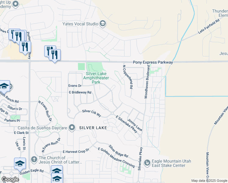 map of restaurants, bars, coffee shops, grocery stores, and more near 7782 Crescendo Court in Eagle Mountain