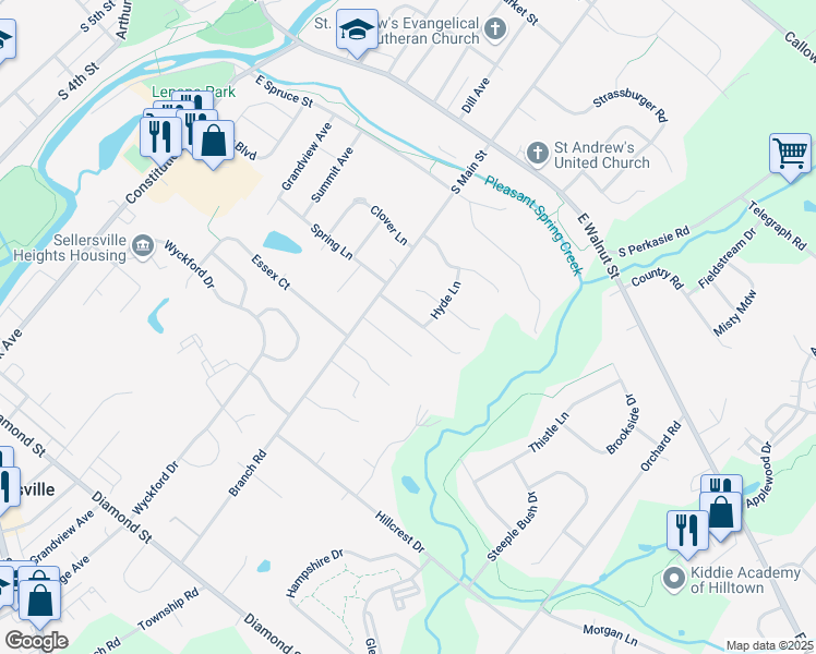 map of restaurants, bars, coffee shops, grocery stores, and more near 504 Nob Hill Drive in Perkasie