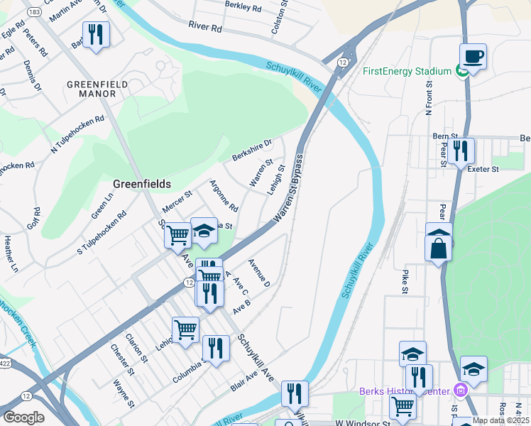 map of restaurants, bars, coffee shops, grocery stores, and more near 710 Lehigh Street in Reading