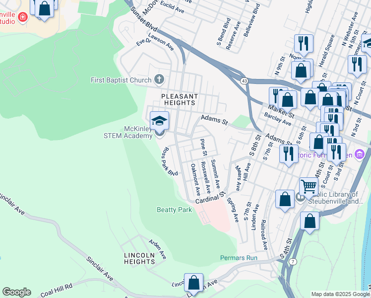 map of restaurants, bars, coffee shops, grocery stores, and more near 1313 Jefferson Street in Steubenville