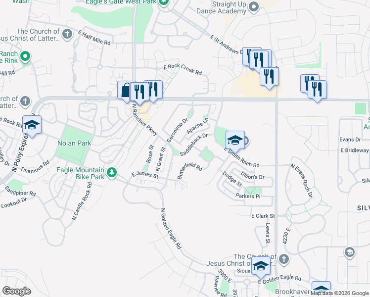 map of restaurants, bars, coffee shops, grocery stores, and more near 3739 Blackhawk Road in Eagle Mountain
