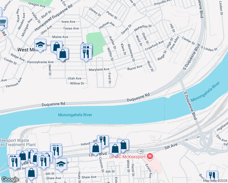 map of restaurants, bars, coffee shops, grocery stores, and more near 1303 Mifflin Street in West Mifflin