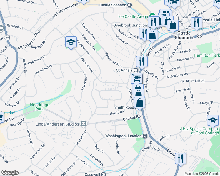 map of restaurants, bars, coffee shops, grocery stores, and more near 1066 Thornwood Drive in Pittsburgh