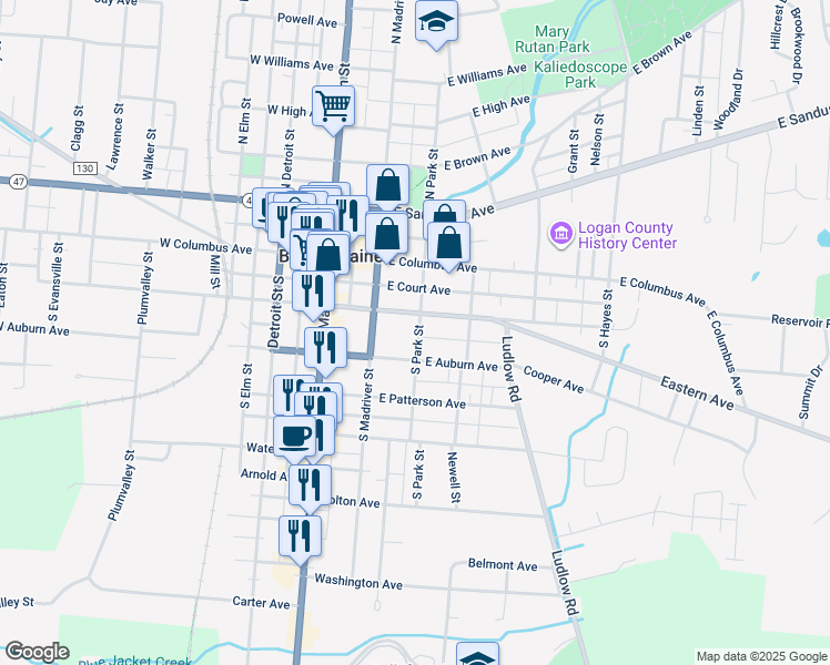 map of restaurants, bars, coffee shops, grocery stores, and more near 222-298 East Chillicothe Avenue in Bellefontaine