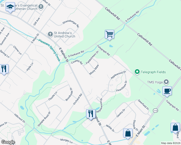 map of restaurants, bars, coffee shops, grocery stores, and more near 53 Country Road in Perkasie