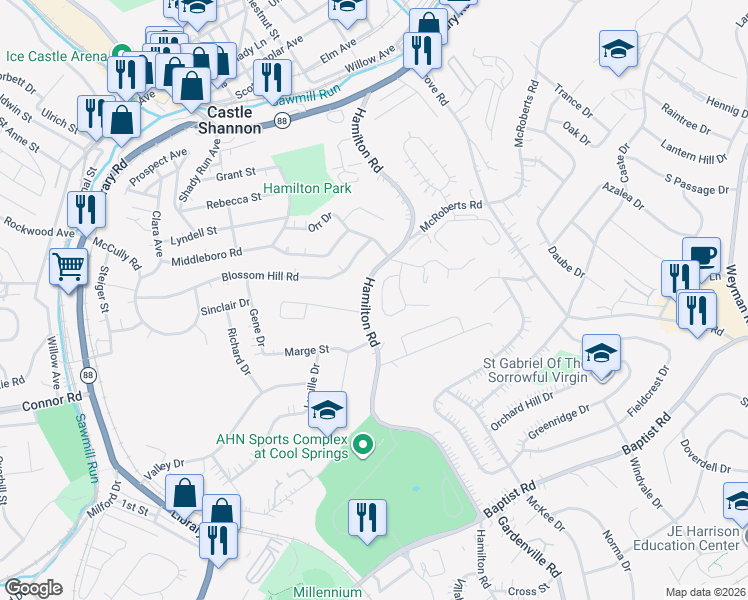 map of restaurants, bars, coffee shops, grocery stores, and more near 1440 Hamilton Road in Pittsburgh