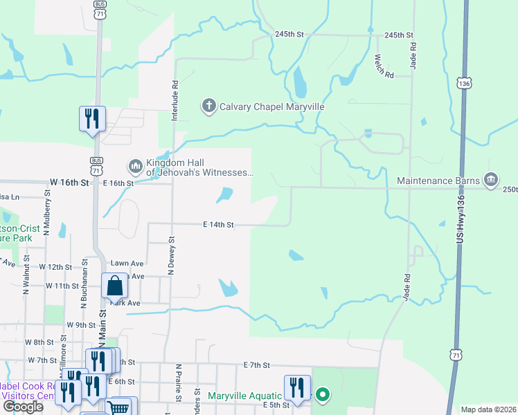map of restaurants, bars, coffee shops, grocery stores, and more near 717 East 14th Street in Maryville