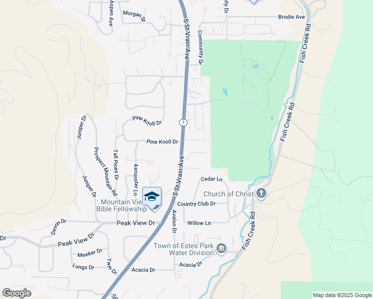 map of restaurants, bars, coffee shops, grocery stores, and more near 1141 Holiday Lane in Estes Park