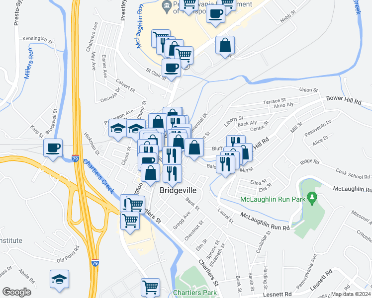 map of restaurants, bars, coffee shops, grocery stores, and more near 500 Bower Hill Road in Bridgeville