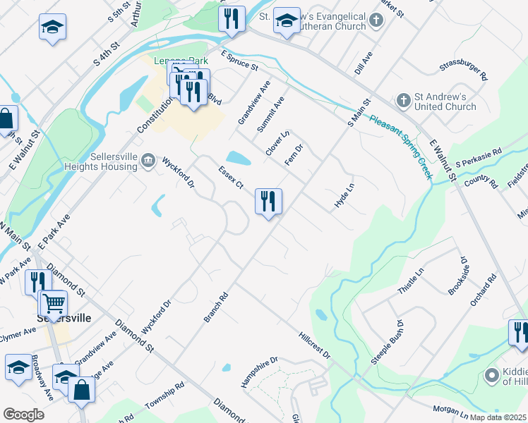 map of restaurants, bars, coffee shops, grocery stores, and more near 394 Essex Court in Perkasie