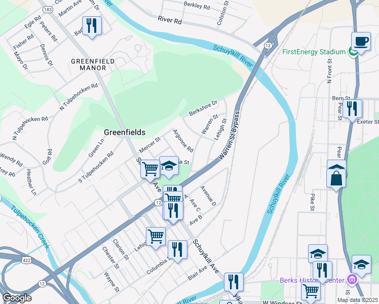 map of restaurants, bars, coffee shops, grocery stores, and more near 713 Warren Street in Reading