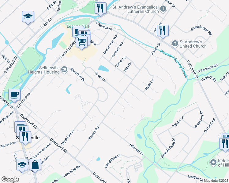 map of restaurants, bars, coffee shops, grocery stores, and more near 394 Essex Court in Perkasie
