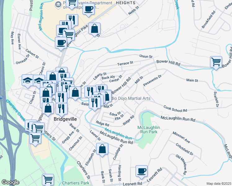 map of restaurants, bars, coffee shops, grocery stores, and more near 770 Bower Hill Road in Bridgeville