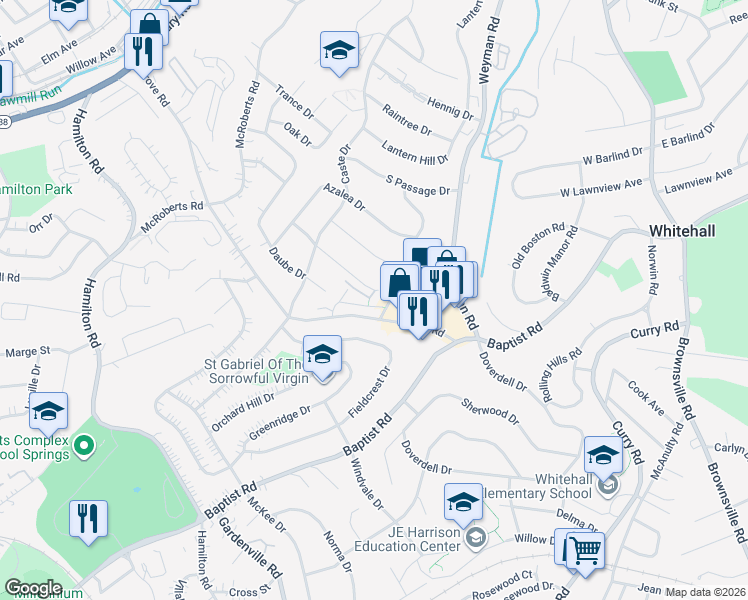 map of restaurants, bars, coffee shops, grocery stores, and more near 82 Springmeadow Court in Pittsburgh