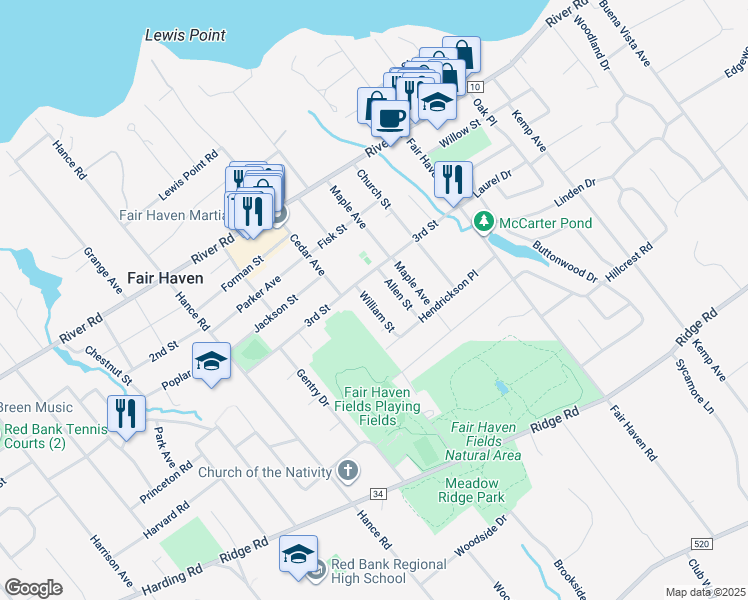 map of restaurants, bars, coffee shops, grocery stores, and more near 21 William Street in Fair Haven