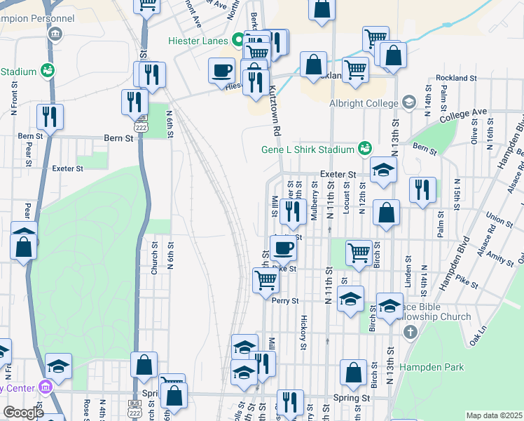 map of restaurants, bars, coffee shops, grocery stores, and more near 1548 North 9th Street in Reading