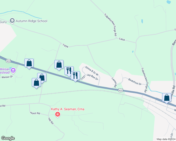map of restaurants, bars, coffee shops, grocery stores, and more near 32 Ginna B Drive in Robesonia