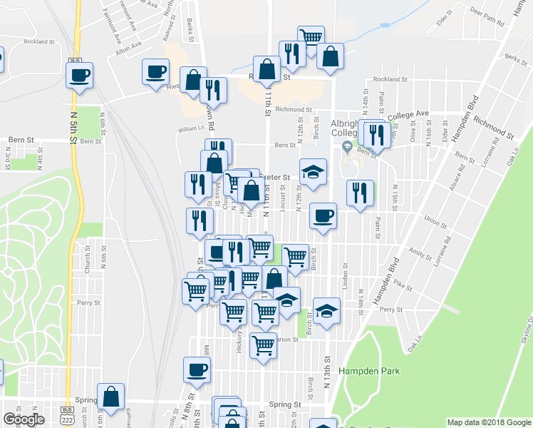 map of restaurants, bars, coffee shops, grocery stores, and more near 1535 North 11th Street in Reading