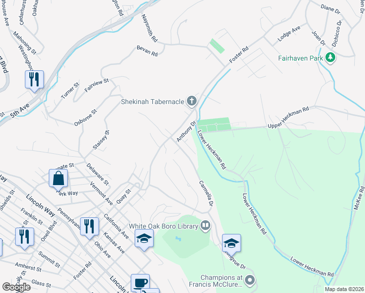 map of restaurants, bars, coffee shops, grocery stores, and more near 232 Carmella Drive in White Oak