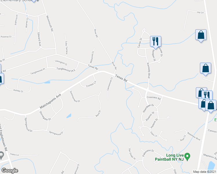 map of restaurants, bars, coffee shops, grocery stores, and more near 1 Centennial Court in Monroe Township