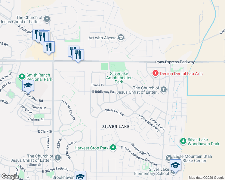 map of restaurants, bars, coffee shops, grocery stores, and more near 4625 East Bridleway Road in Eagle Mountain