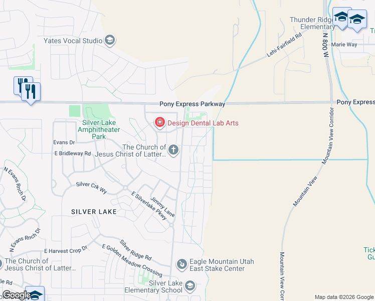 map of restaurants, bars, coffee shops, grocery stores, and more near 7797 Bronco Drive in Eagle Mountain