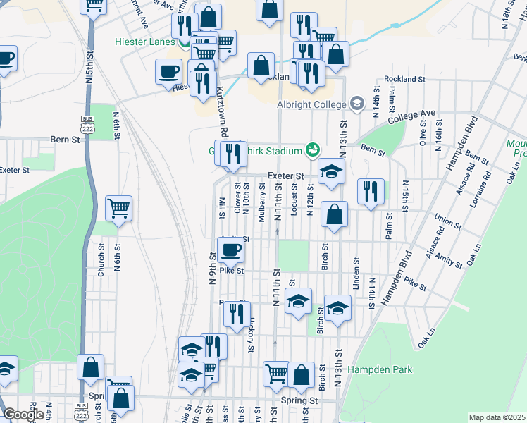 map of restaurants, bars, coffee shops, grocery stores, and more near 1032 Union Street in Reading