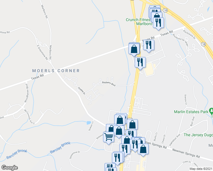 map of restaurants, bars, coffee shops, grocery stores, and more near 4 Schneider Court in Old Bridge Township