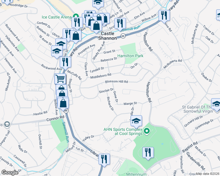 map of restaurants, bars, coffee shops, grocery stores, and more near 3570 Sinclair Drive in Pittsburgh
