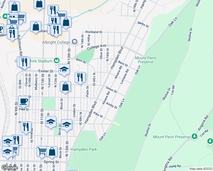 map of restaurants, bars, coffee shops, grocery stores, and more near 1601 Hampden Blvd in Reading