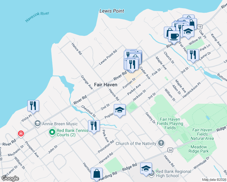 map of restaurants, bars, coffee shops, grocery stores, and more near 129 Hance Road in Fair Haven