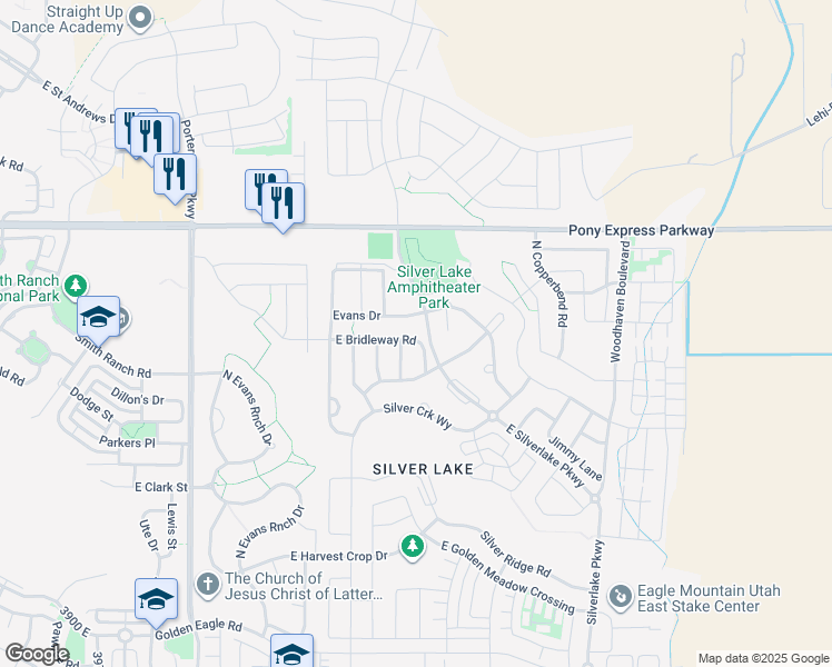 map of restaurants, bars, coffee shops, grocery stores, and more near 4625 East Bridleway Road in Eagle Mountain