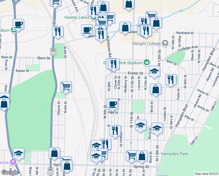 map of restaurants, bars, coffee shops, grocery stores, and more near 914 Union Street in Reading