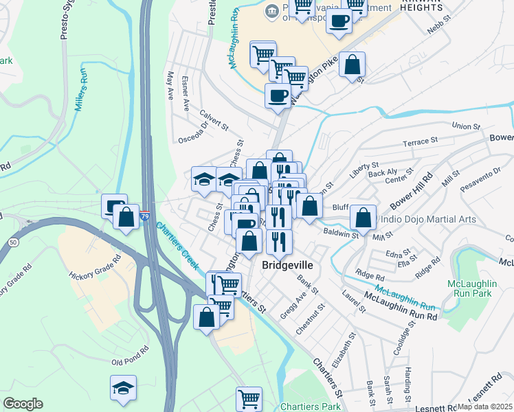map of restaurants, bars, coffee shops, grocery stores, and more near 443 Washington Pike in Bridgeville