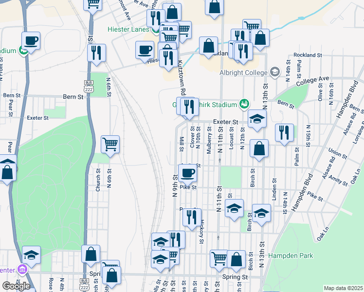 map of restaurants, bars, coffee shops, grocery stores, and more near 914 Union Street in Reading