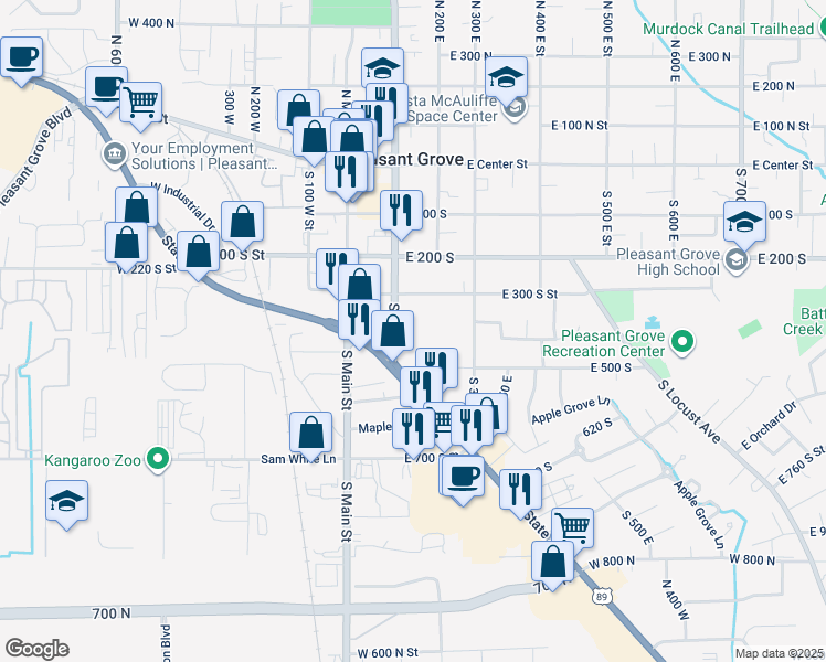 map of restaurants, bars, coffee shops, grocery stores, and more near 405 South 100 East in Pleasant Grove