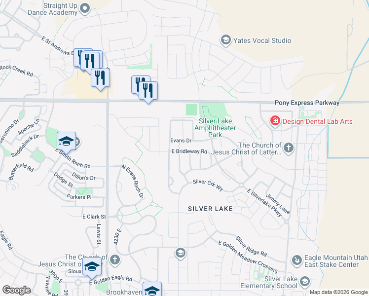 map of restaurants, bars, coffee shops, grocery stores, and more near 4543 East Bridleway Road in Eagle Mountain
