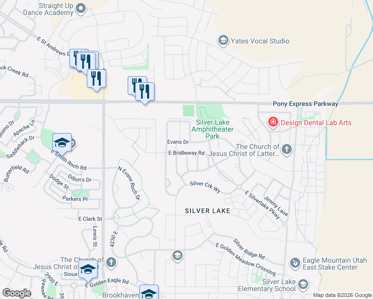 map of restaurants, bars, coffee shops, grocery stores, and more near 4543 East Bridleway Road in Eagle Mountain