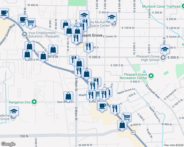 map of restaurants, bars, coffee shops, grocery stores, and more near 405 South 100 East in Pleasant Grove