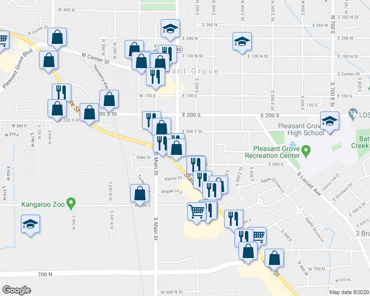 map of restaurants, bars, coffee shops, grocery stores, and more near 405 South 100 East in Pleasant Grove