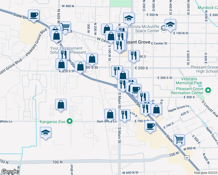 map of restaurants, bars, coffee shops, grocery stores, and more near 111 West State Street in Pleasant Grove